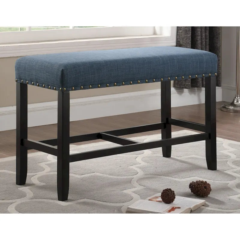 Banc de salle à manger hauteur pub 25,5 po en tissu bleu avec garniture cloutée