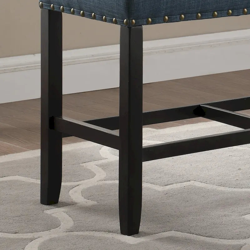Banc de salle à manger hauteur pub 25,5 po en tissu bleu avec garniture cloutée