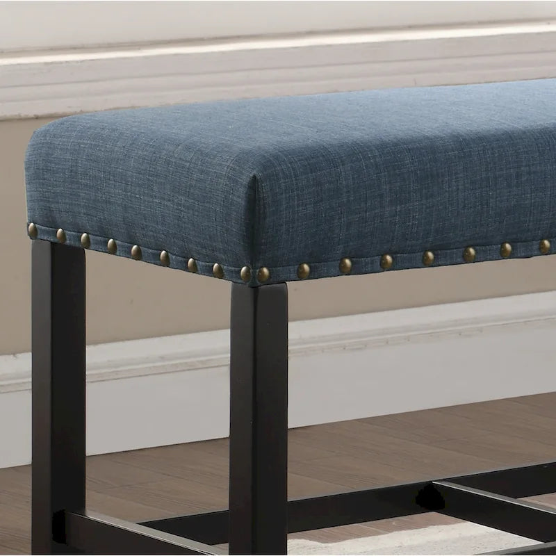 Banc de salle à manger hauteur pub 25,5 po en tissu bleu avec garniture cloutée