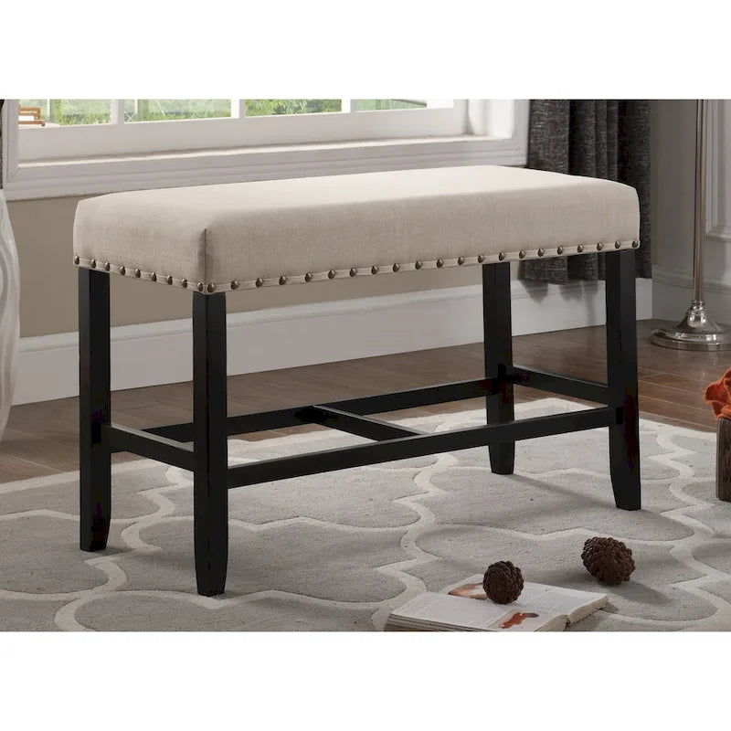 Banc de salle à manger hauteur pub 25,5 po en tissu bleu avec garniture cloutée