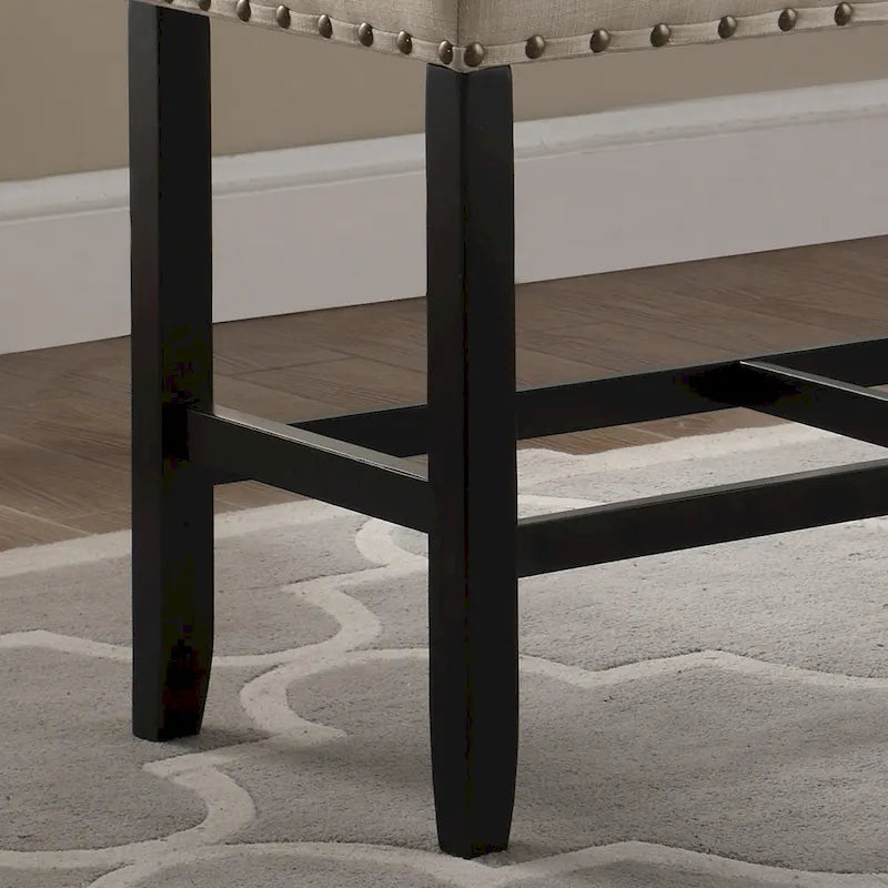 Banc de salle à manger hauteur pub 25,5 po en tissu bleu avec garniture cloutée