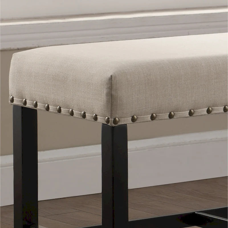 Banc de salle à manger hauteur pub 25,5 po en tissu bleu avec garniture cloutée