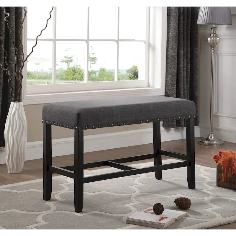 Banc de salle à manger hauteur pub 25,5 po en tissu bleu avec garniture cloutée