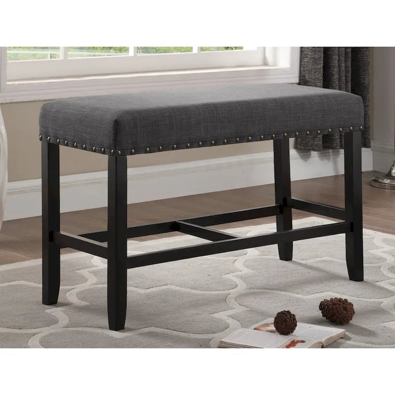 Banc de salle à manger hauteur pub 25,5 po en tissu bleu avec garniture cloutée