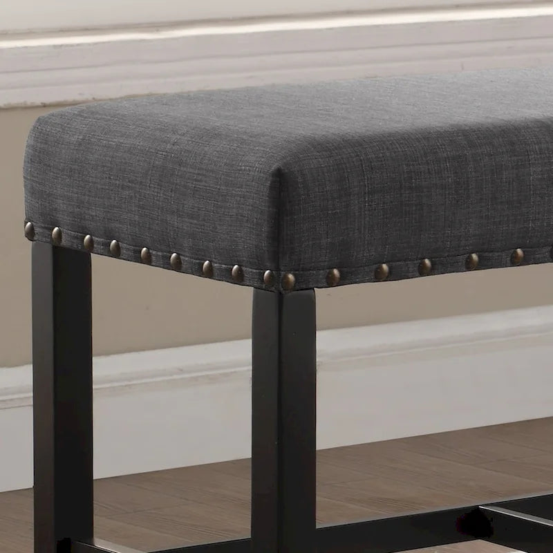 Banc de salle à manger hauteur pub 25,5 po en tissu bleu avec garniture cloutée