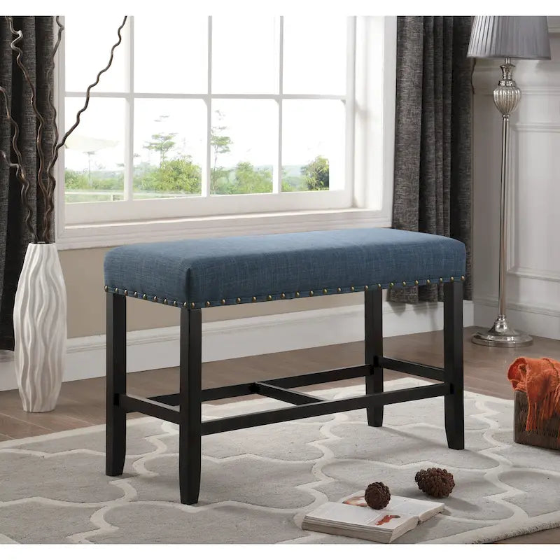 Banc de salle à manger hauteur pub 25,5 po en tissu bleu avec garniture cloutée