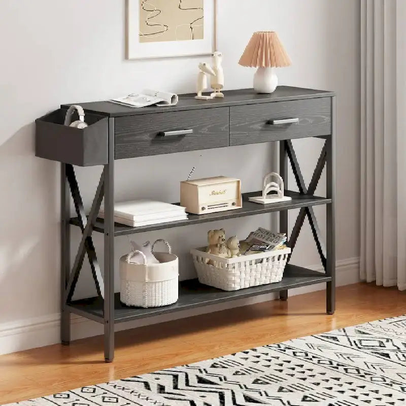 Console multi-fonction avec 2 tiroirs, table d'entrée/canapé avec 3 étagères de rangement