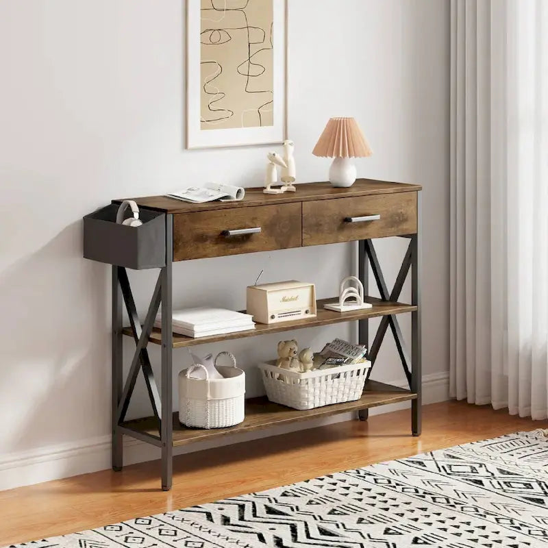 Console multi-fonction avec 2 tiroirs, table d'entrée/canapé avec 3 étagères de rangement