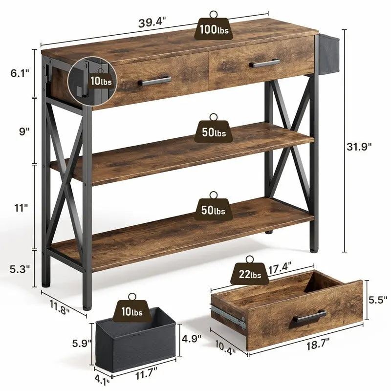 Console multi-fonction avec 2 tiroirs, table d'entrée/canapé avec 3 étagères de rangement