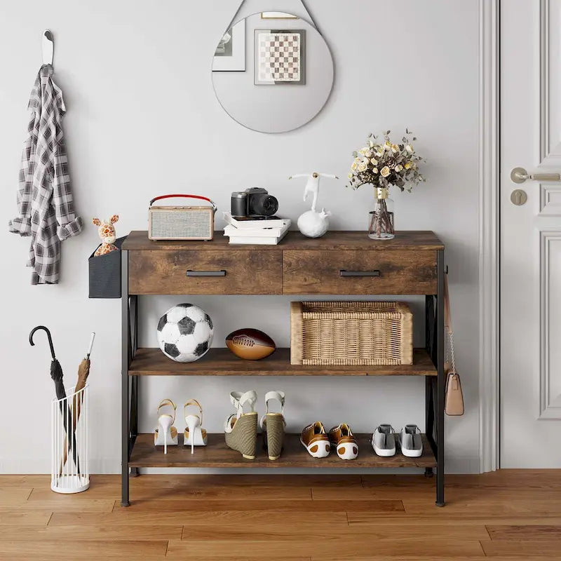 Console multi-fonction avec 2 tiroirs, table d'entrée/canapé avec 3 étagères de rangement