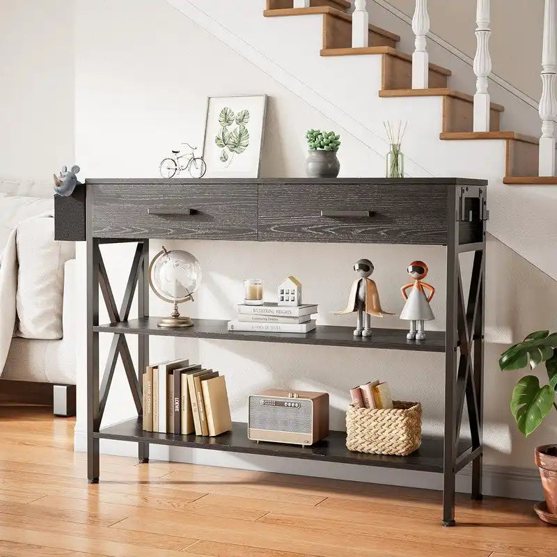 Console multi-fonction avec 2 tiroirs, table d'entrée/canapé avec 3 étagères de rangement