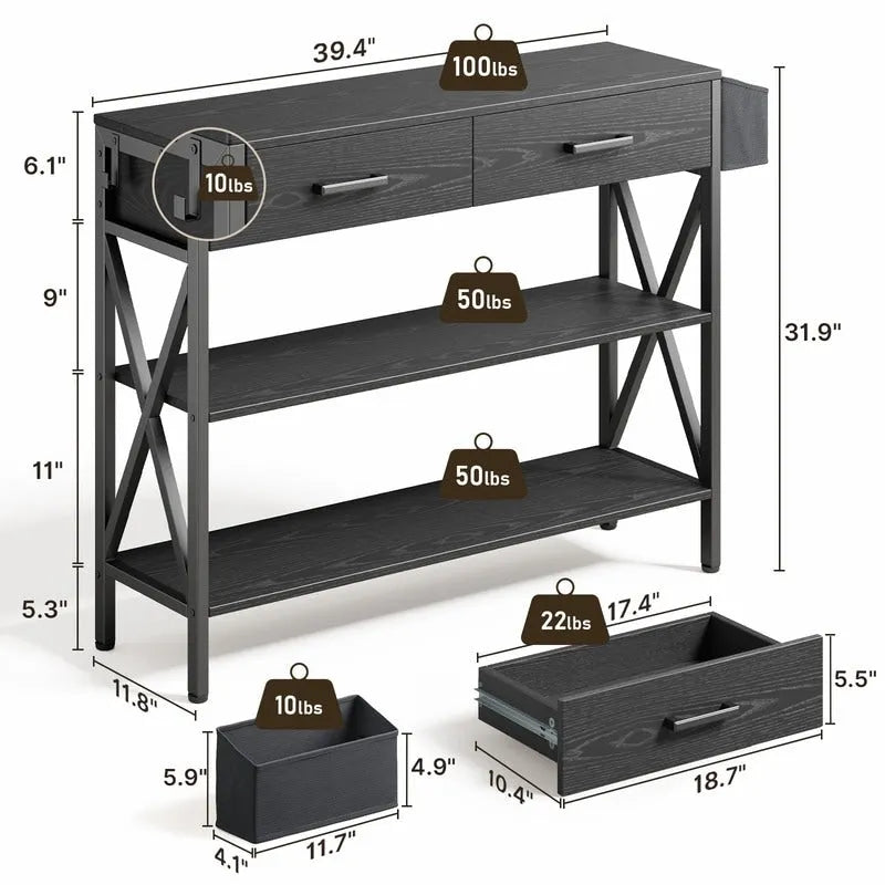Console multi-fonction avec 2 tiroirs, table d'entrée/canapé avec 3 étagères de rangement