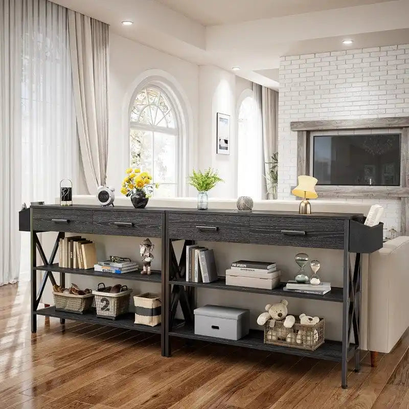 Console multi-fonction avec 2 tiroirs, table d'entrée/canapé avec 3 étagères de rangement