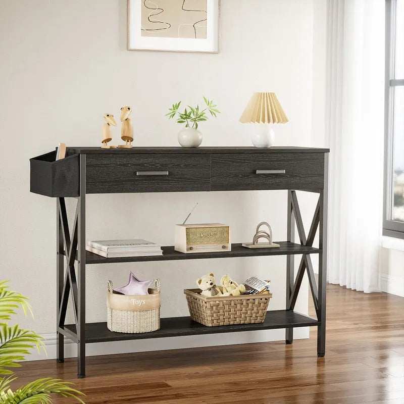 Console multi-fonction avec 2 tiroirs, table d'entrée/canapé avec 3 étagères de rangement