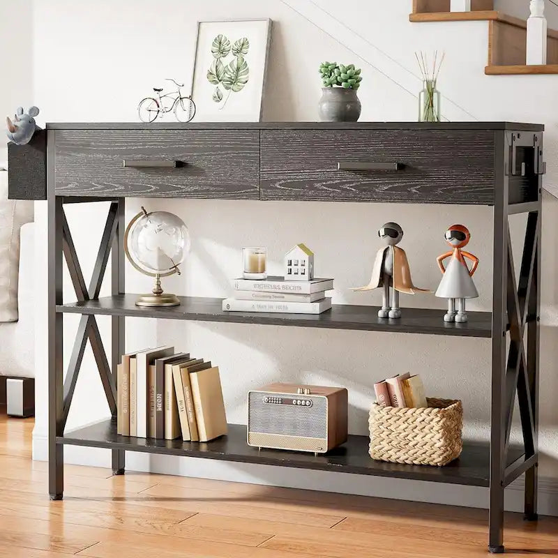 Console multi-fonction avec 2 tiroirs, table d'entrée/canapé avec 3 étagères de rangement