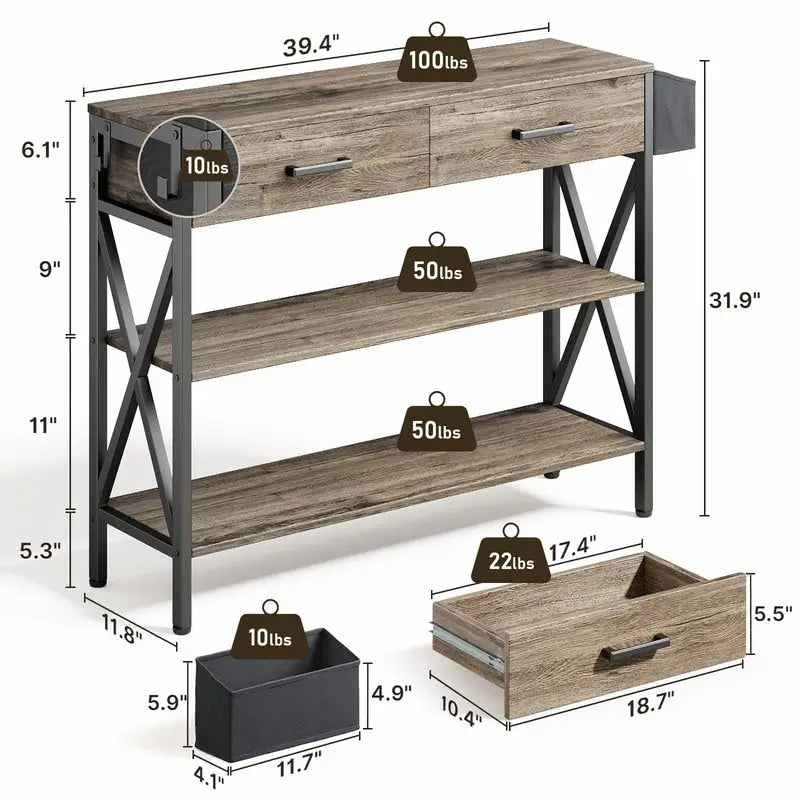 Console multi-fonction avec 2 tiroirs, table d'entrée/canapé avec 3 étagères de rangement
