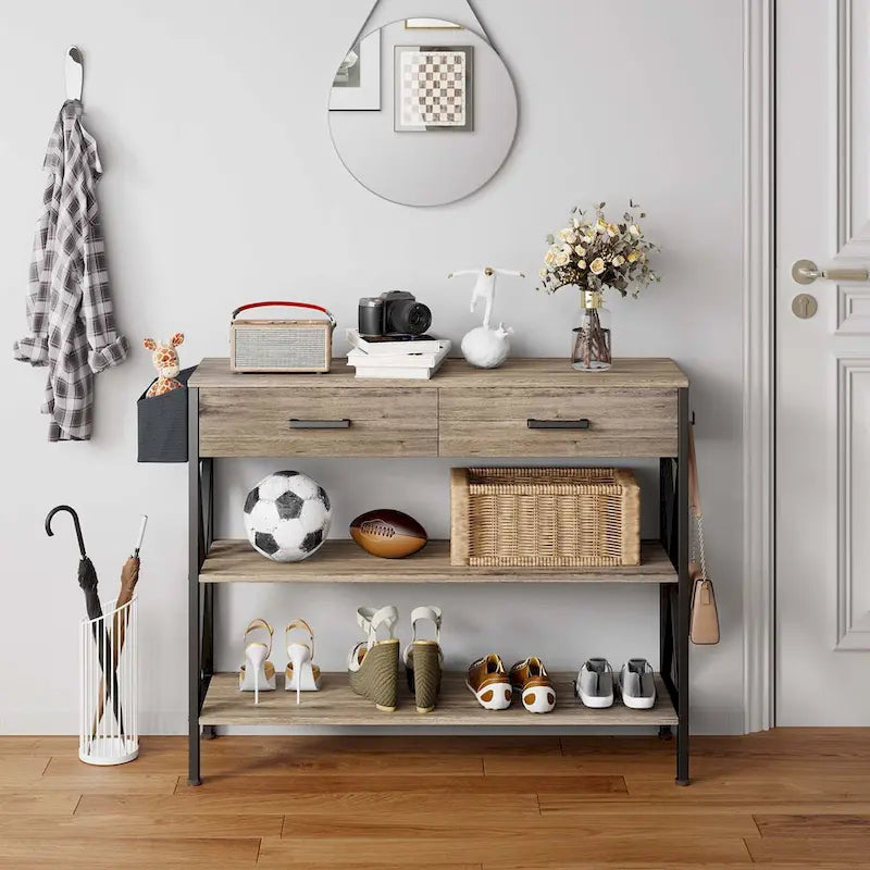 Console multi-fonction avec 2 tiroirs, table d'entrée/canapé avec 3 étagères de rangement