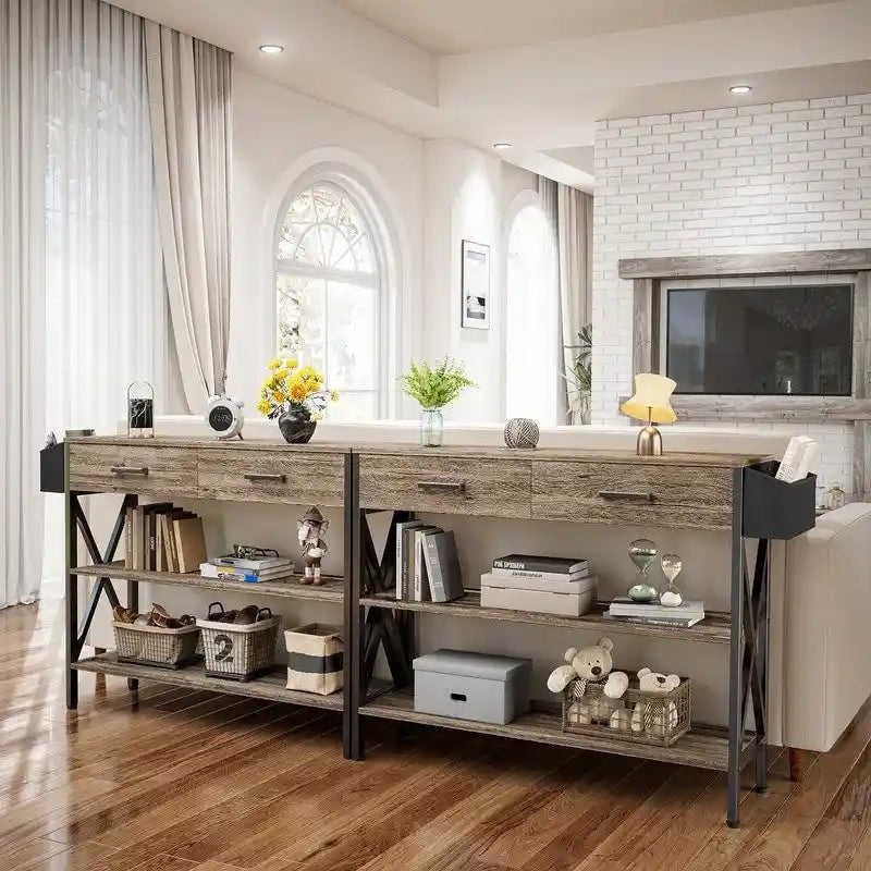 Console multi-fonction avec 2 tiroirs, table d'entrée/canapé avec 3 étagères de rangement