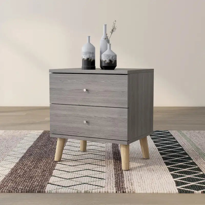 Table de chevet gris vieilli 2 tiroirs style Mid-Century avec poignées