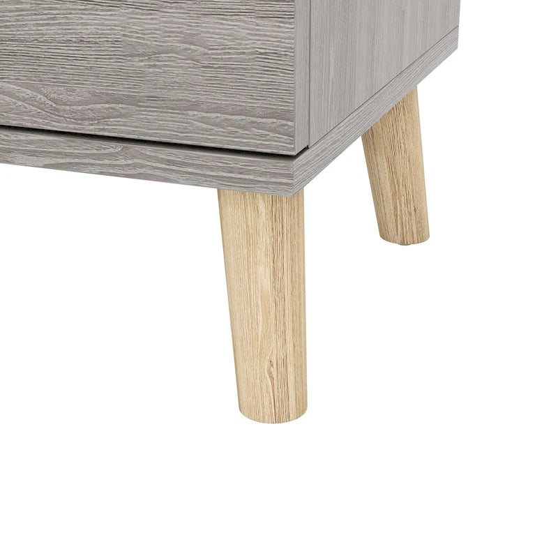 Table de chevet gris vieilli 2 tiroirs style Mid-Century avec poignées