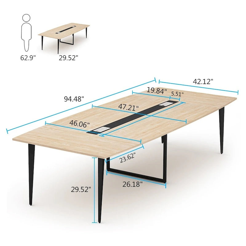 Table de conférence de 8 pieds, Table de réunion en forme de bateau avec passe-fil rectangulaire