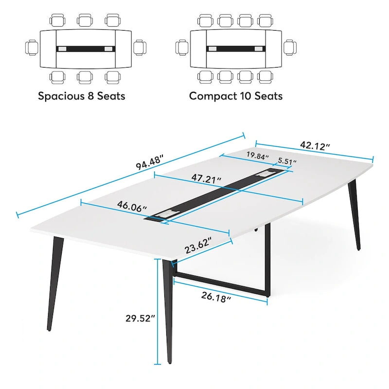 Table de conférence de 8 pieds, Table de réunion en forme de bateau avec passe-fil rectangulaire