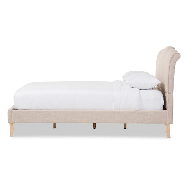 Lit plateforme en tissu mélangé lin beige, style classique moderne français