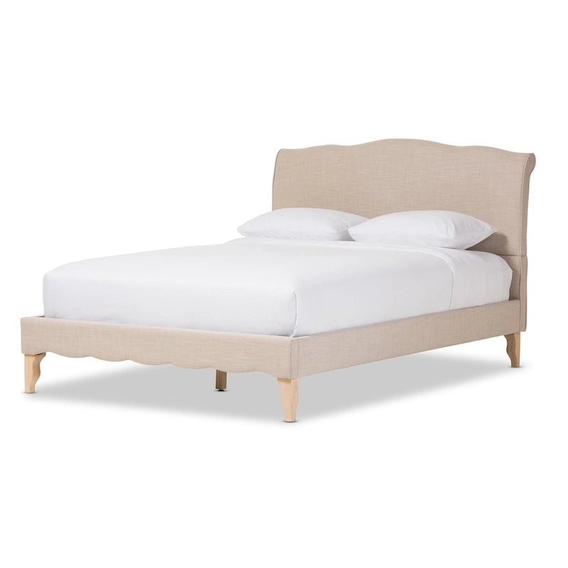 Lit plateforme en tissu mélangé lin beige, style classique moderne français