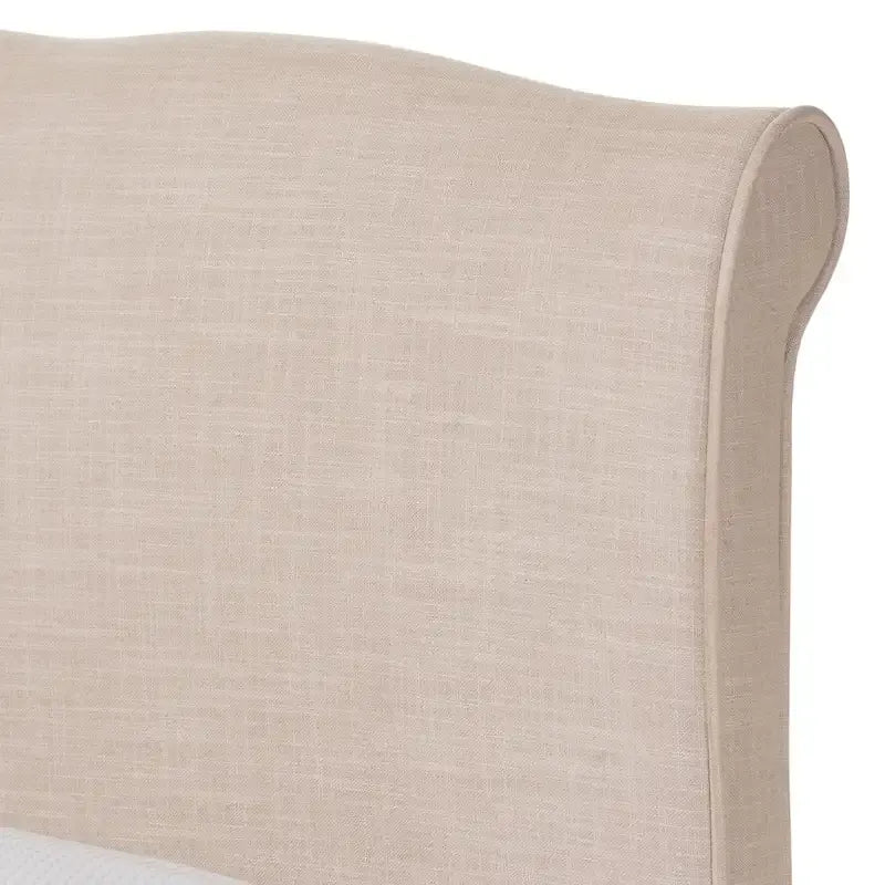 Lit plateforme en tissu mélangé lin beige, style classique moderne français