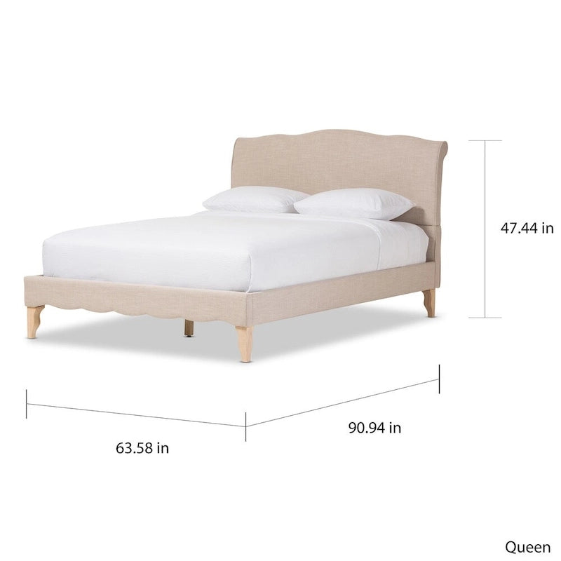 Lit plateforme en tissu mélangé lin beige, style classique moderne français