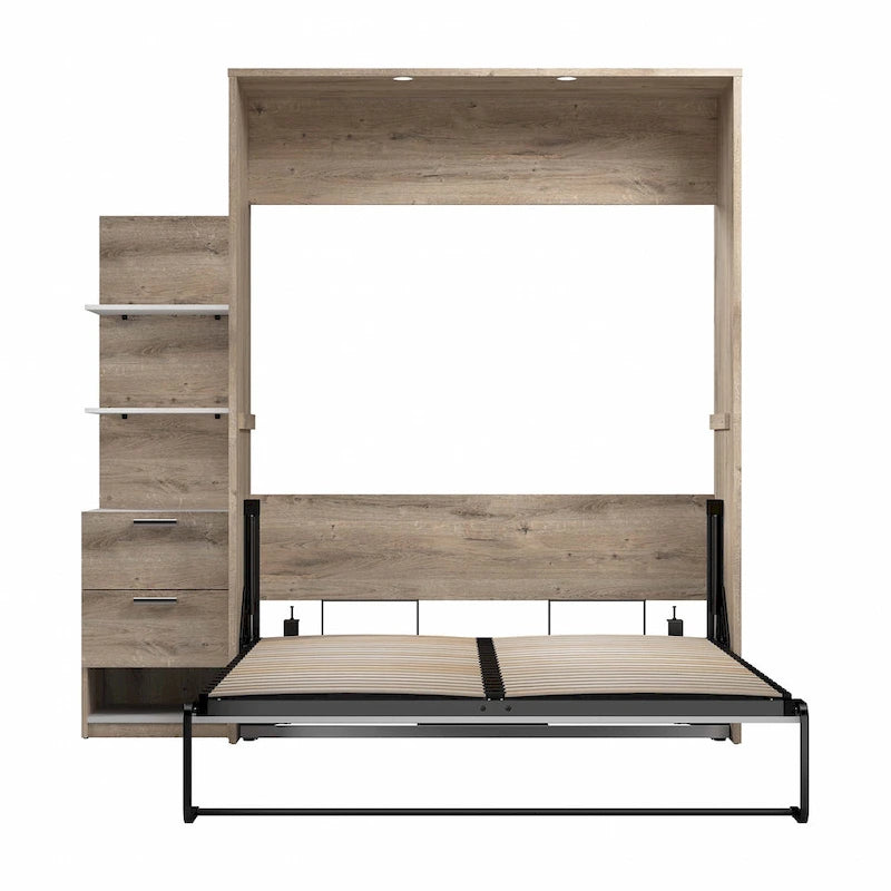 Lit escamotable Queen avec table de chevet et étagères flottantes (85 W)