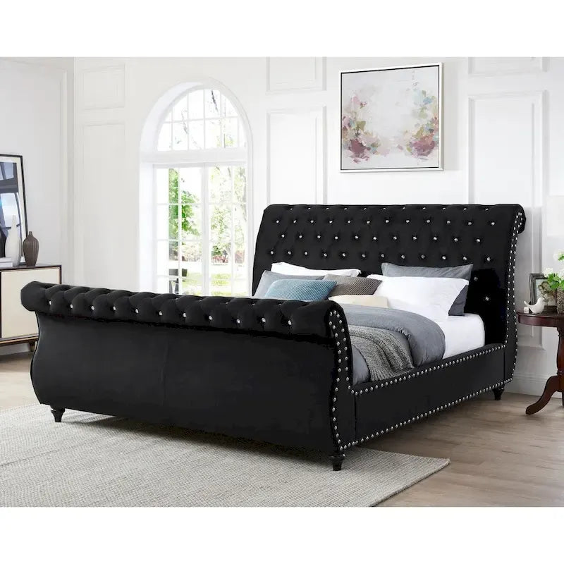  Trivedi Black Velvet Crystal Button-tufted Sleigh Bed