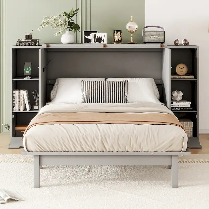 Lit escamotable grand format avec étagères, tiroirs et ports USB, Gris