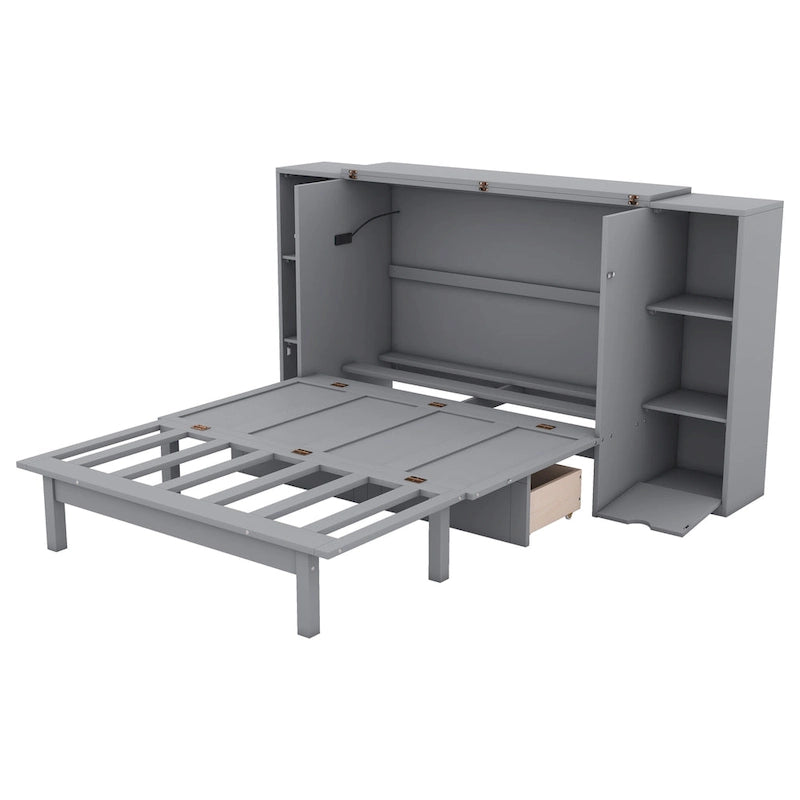 Lit escamotable grand format avec étagères, tiroirs et ports USB, Gris