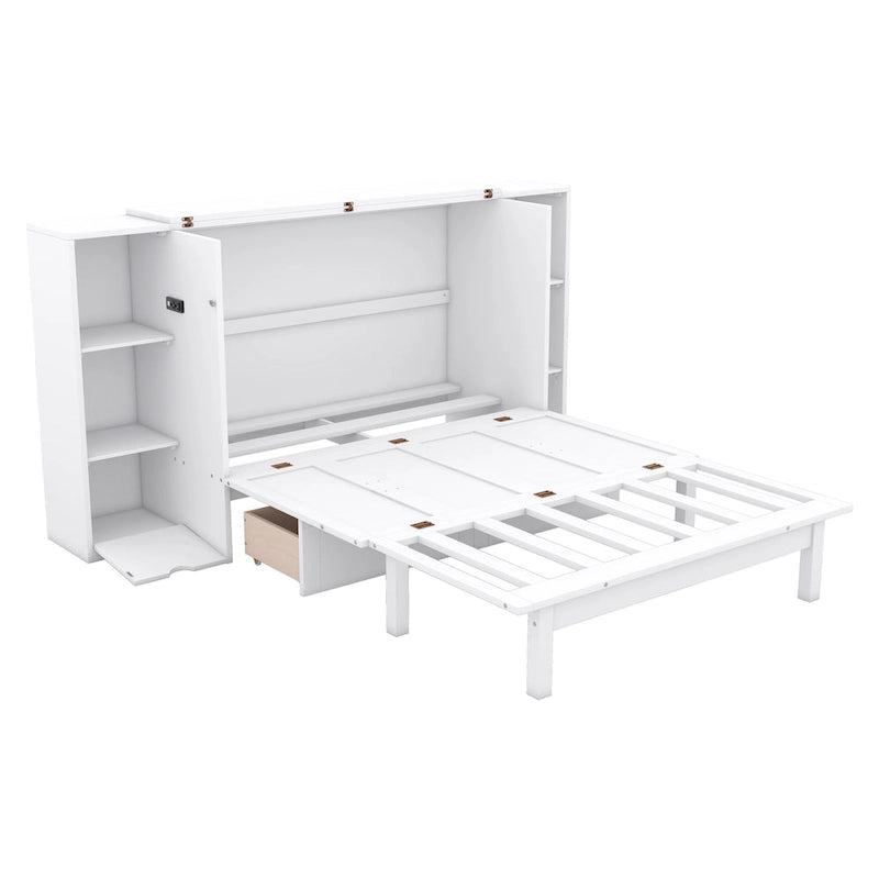 Lit escamotable grand format avec étagères, tiroirs et ports USB, Gris