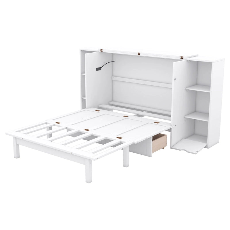 Lit escamotable grand format avec étagères, tiroirs et ports USB, Gris