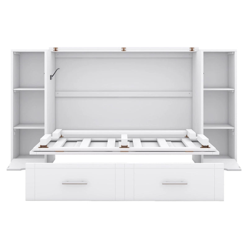 Lit escamotable grand format avec étagères, tiroirs et ports USB, Gris