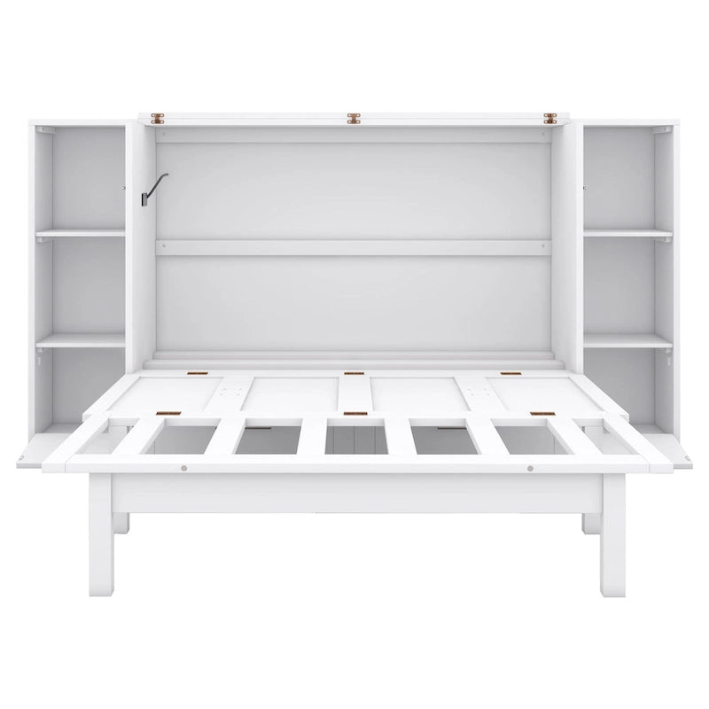 Lit escamotable grand format avec étagères, tiroirs et ports USB, Gris