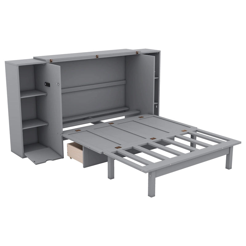 Lit escamotable grand format avec étagères, tiroirs et ports USB, Gris