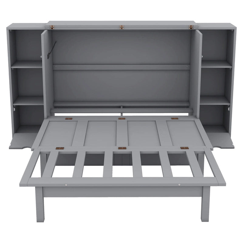 Lit escamotable grand format avec étagères, tiroirs et ports USB, Gris