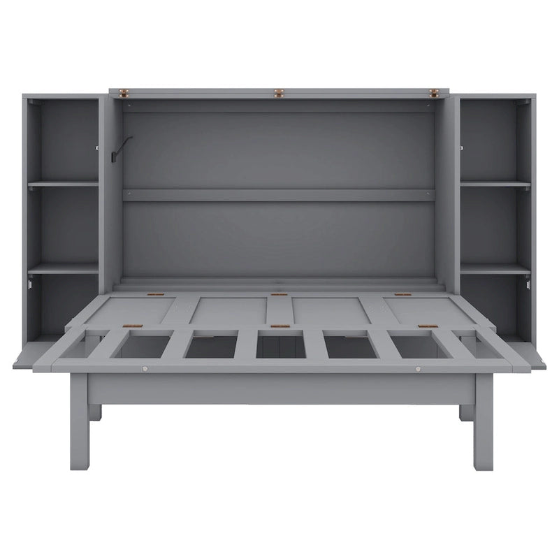 Lit escamotable grand format avec étagères, tiroirs et ports USB, Gris