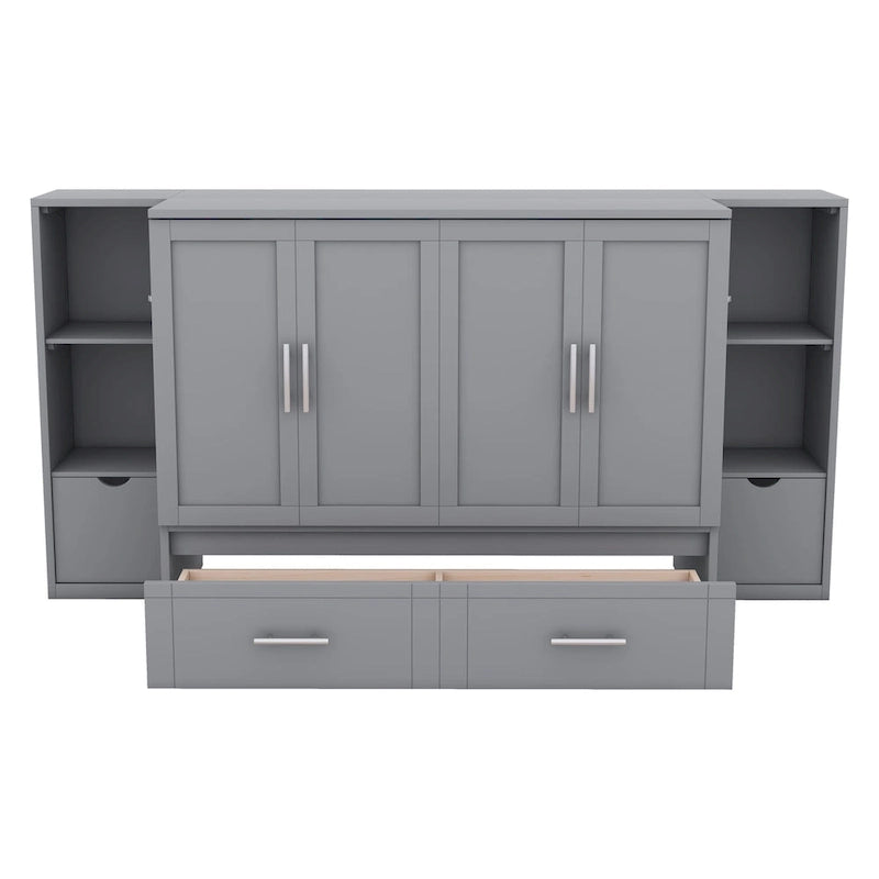 Lit escamotable grand format avec étagères, tiroirs et ports USB, Gris