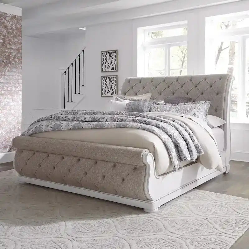  Antique White King Upholstered Sleigh Bed