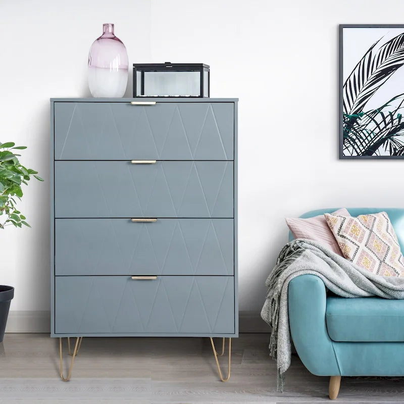 Commode à 4 tiroirs Armoire de rangement haute avec pieds en métal pour chambre à coucher et salon
