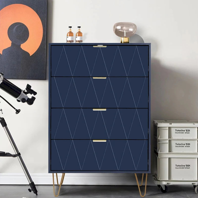 Commode à 4 tiroirs Armoire de rangement haute avec pieds en métal pour chambre à coucher et salon