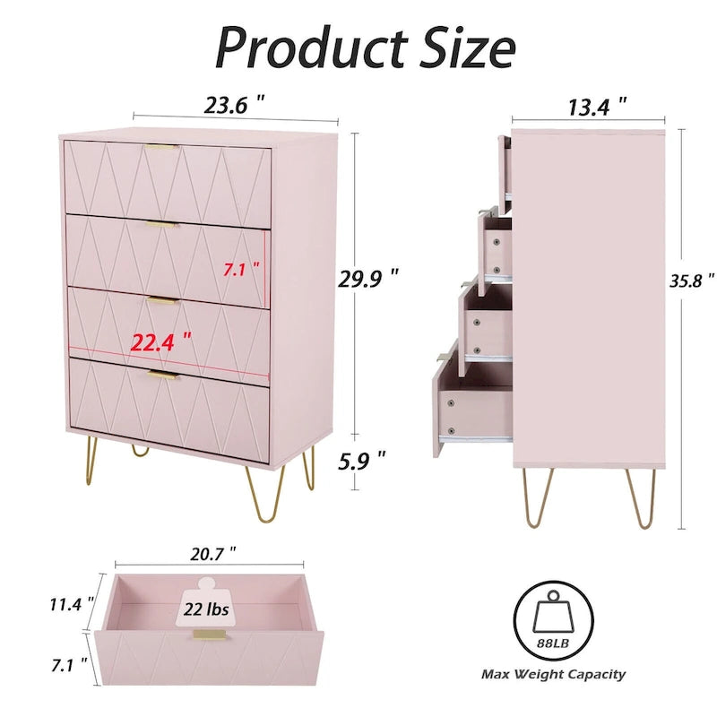 Commode à 4 tiroirs Armoire de rangement haute avec pieds en métal pour chambre à coucher et salon