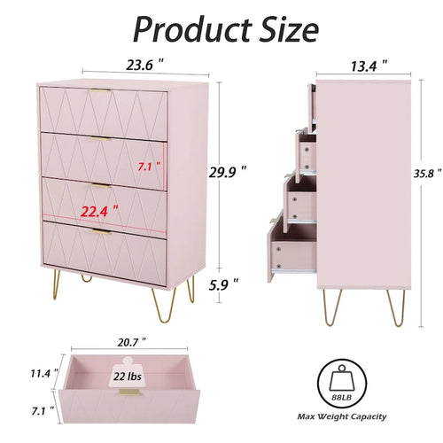 Commode à 4 tiroirs Armoire de rangement haute avec pieds en métal pour chambre à coucher et salon