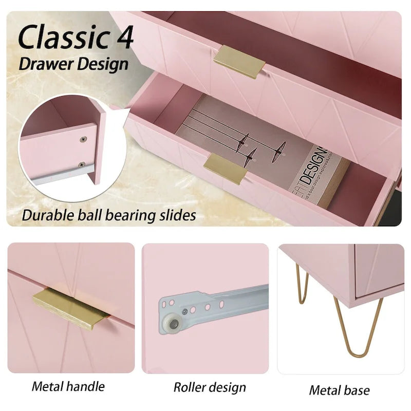 Commode à 4 tiroirs Armoire de rangement haute avec pieds en métal pour chambre à coucher et salon