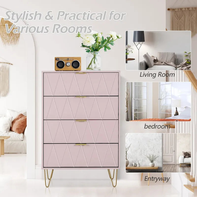 Commode à 4 tiroirs Armoire de rangement haute avec pieds en métal pour chambre à coucher et salon