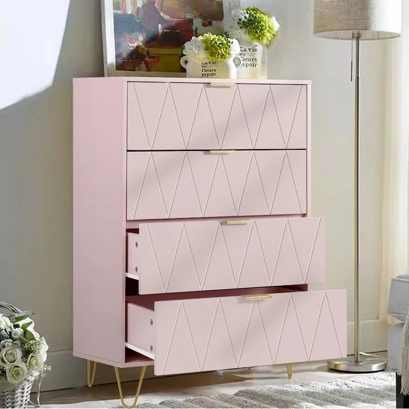 Commode à 4 tiroirs Armoire de rangement haute avec pieds en métal pour chambre à coucher et salon
